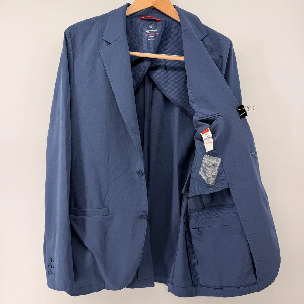 Bluffworks Gramercy Blazer Mens 40L Blue Slim Fit Telex Tech Travel Jacket